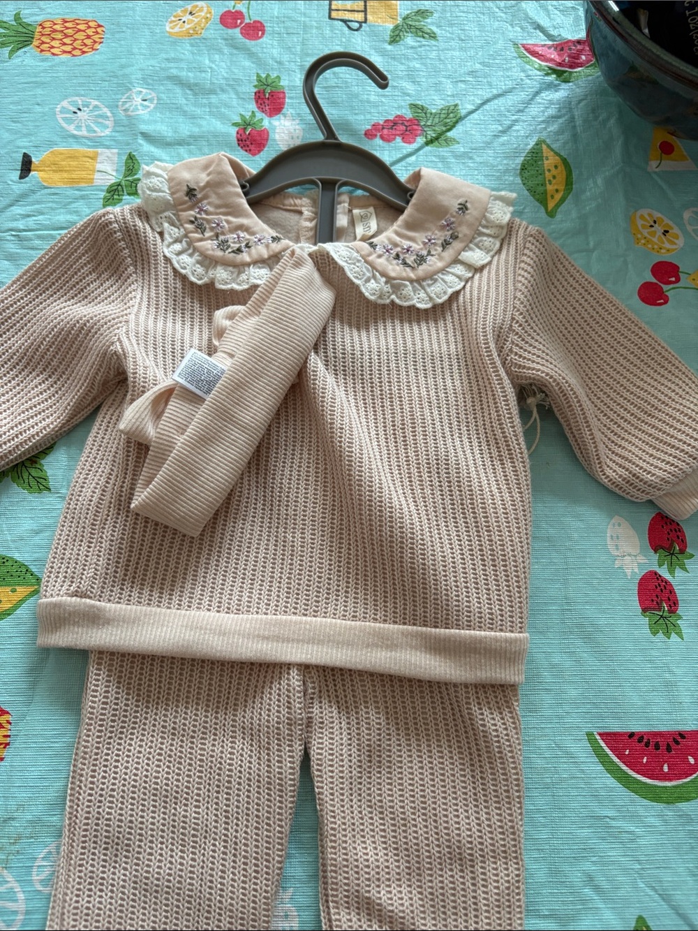 Kids Matching Set with Embroidered Peter Pan Collar - Cream